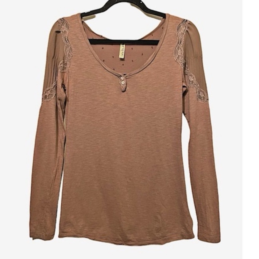 Free People Mauve Long Sleeve Lace-Trim Henley Top